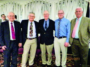 1956 At the Vermont Principals’ Association Hall of Fame Induction on May 5, 2017, are, from left, Paul Jordan, Spencer Noble, Bob Hingston, Ryan Hingston, and Mike Jackson.