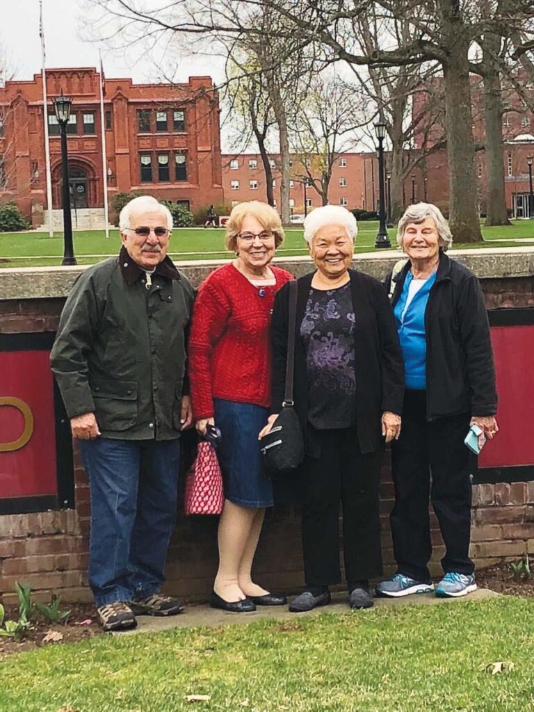 1961 Jenny Ogata Yoshizumi ’61, third from left, recently traveled from Hilo, Hawaii, to visit her former classmates in Granby, Conn. From left are George Galiatsos ’61, G’65, Magda Galiatsos, Yoshizumi, and Susan Barstow Thomas ’61. 