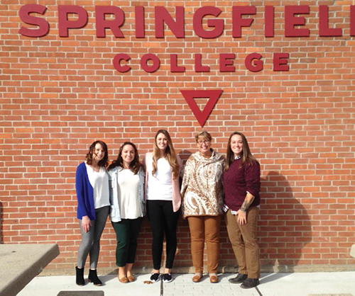 From left are Christie George G’10, Samantha Parziale ’16, Jamie Piantek ’17, Director of Alumni Relations Tamie Kidess Lucey ’81, G’82, and Professor Keyworth