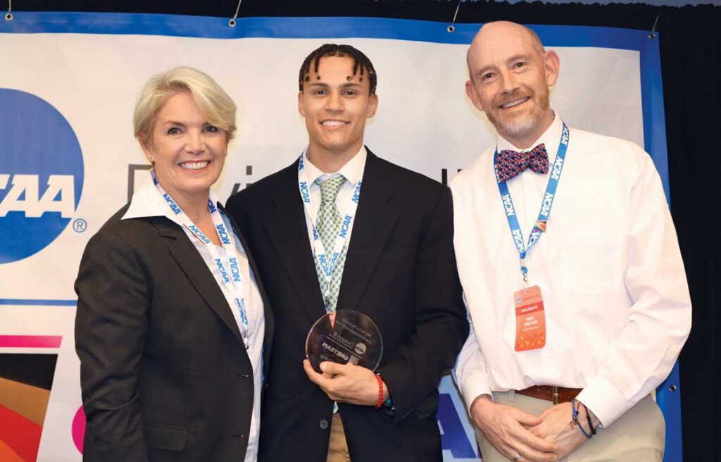 President Mary-Beth Cooper, with Colby Wilson, Class of 2023, center, and Neil Virtue, athletic director of Mills College and working-group chair of the NCAA Division III OneTeam program