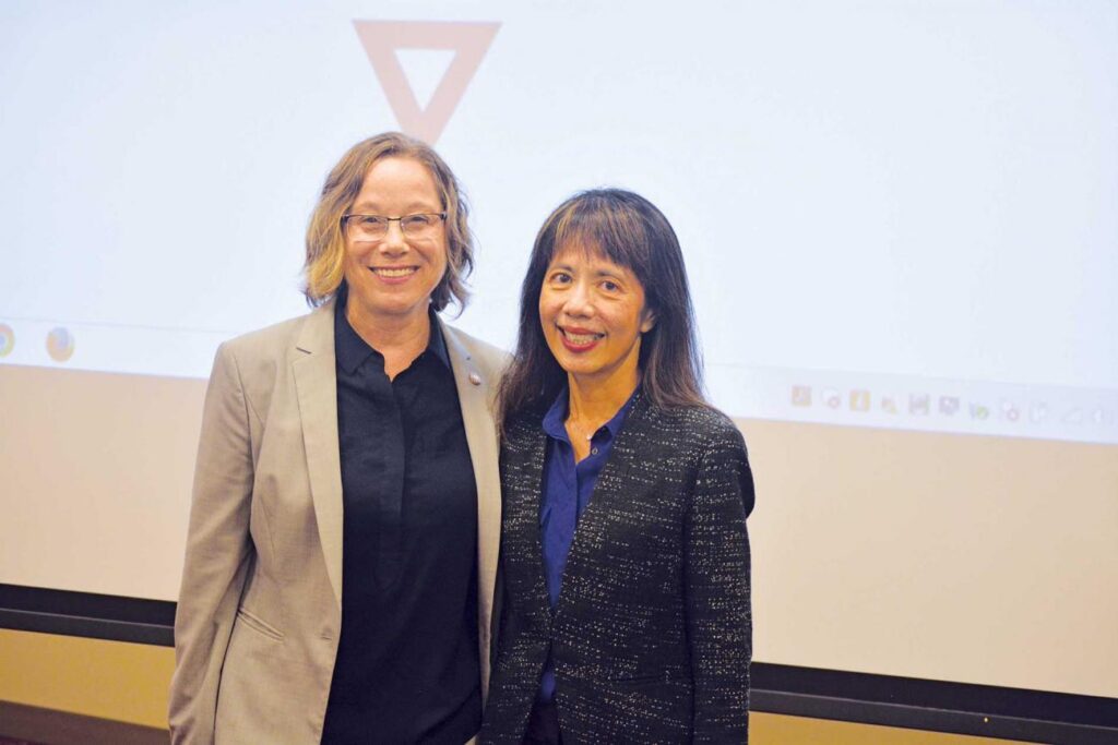 Dean of the School of Health, Physical Education, and Recreation Tracey Matthews with physical activity and health expert I-Min Lee