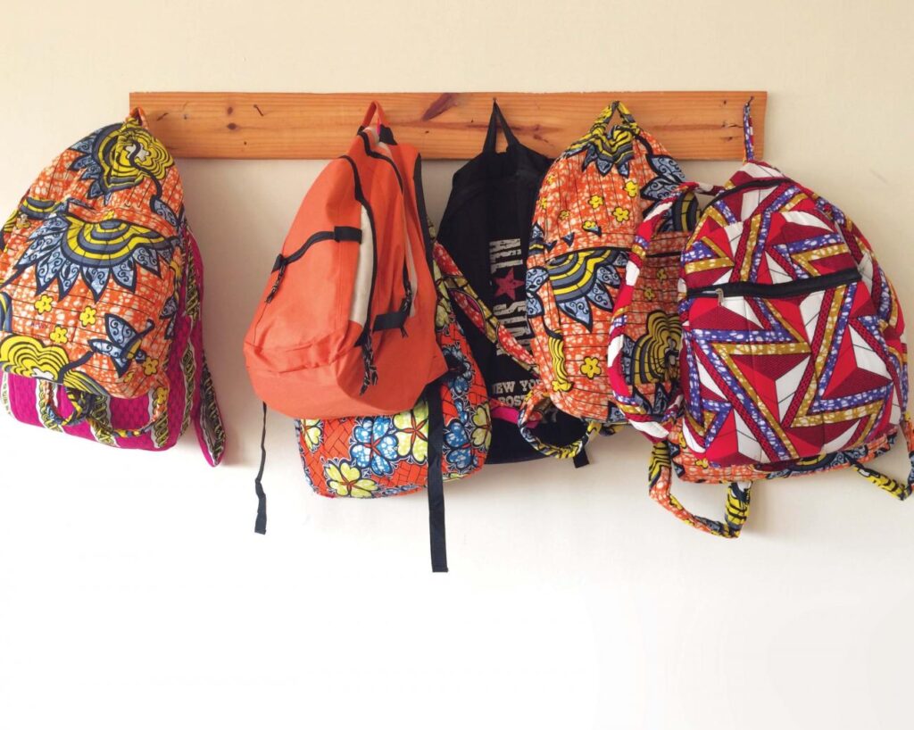 Backpacks in Kitenge fabric that is typical of Rwanda