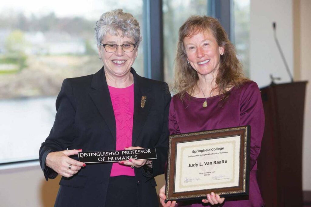 At the annual Distinguished Springfield Professor of Humanics Lecture in April, Professor of Psychology Judy Van Raalte, PhD, right, was named Distinguished Professor for the 2019-20 academic year. She is pictured with Martha Potvin, provost and vice president for academic affairs. Stay tuned for more on Van Raalte’s distinguished work.