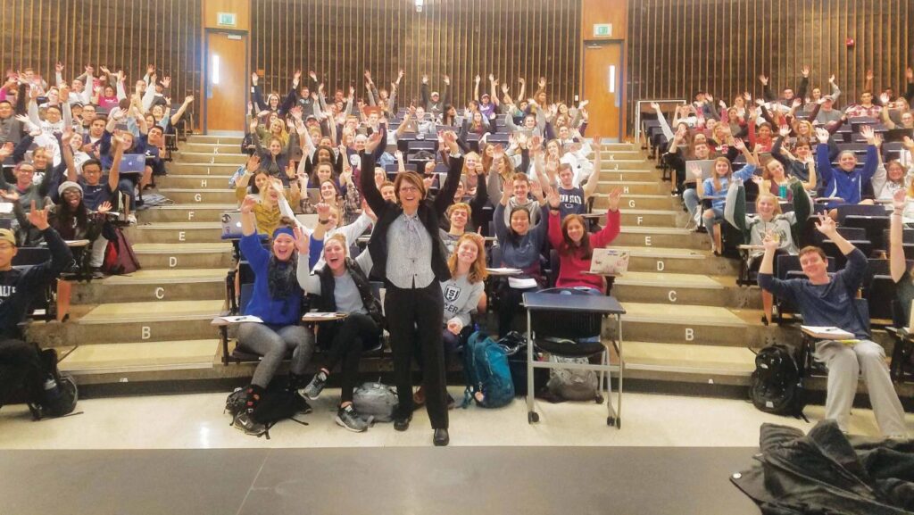 De Souza with a class at Penn State