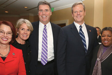 President Cooper joined, from left, Zorica Panti, president of Wenworth Institute of Technology; Richard Doherty, president of the Association of Independent Colleges and Universites of Massachusetts (AICUM); Massachusetts Governor Charlie Baker; and Jackie Jenkins-Scott, president of Wheelock College, for a higher education roundtable convened by AICUM in Boston in December.