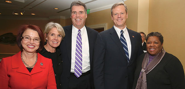 President Cooper joined, from left, Zorica Panti, president of Wenworth Institute of Technology; Richard Doherty, president of the Association of Independent Colleges and Universites of Massachusetts (AICUM); Massachusetts Governor Charlie Baker; and Jackie Jenkins-Scott, president of Wheelock College, for a higher education roundtable convened by AICUM in Boston in December.