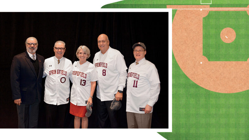 President Mary-Beth Cooper with, from left, Springfield College Trustee Kurt Ascherman ‘71; Mark Butler, chairman of the Cal Ripken, Sr. Foundation Board of Directors; Cal Ripken Jr., former professional baseball player and vice chair of the foundation board; and Steve Salem, foundation president.