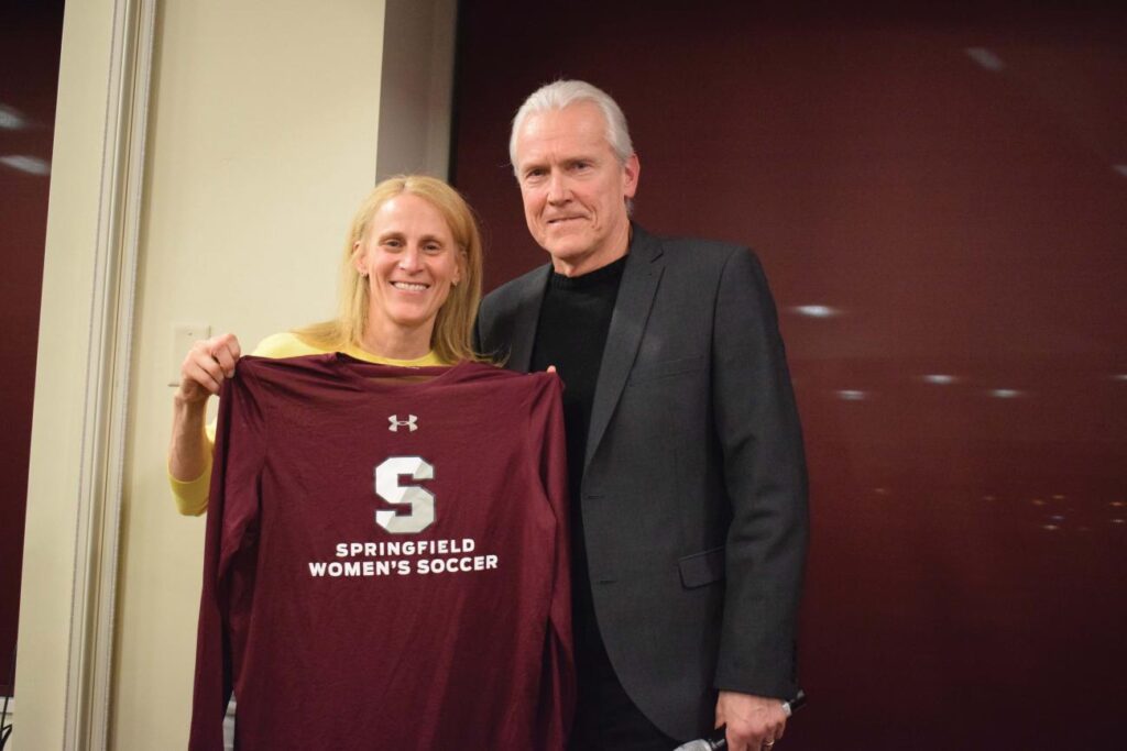 U.S. soccer legend Kristine Lilly and Springfield College Head Women’s Soccer Coach John Gibson