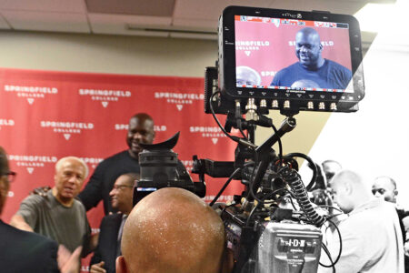 Basketball Hall of Famers Lenny Wilkens and Shaquille O’Neal field questions from the press during their visit to the campus.