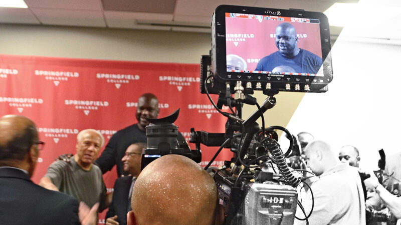 Basketball Hall of Famers Lenny Wilkens and Shaquille O’Neal field questions from the press during their visit to the campus.